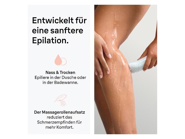 Frau epiliert Bein mit Epilierer, Text: „Entwickelt für eine sanftere Epilation. Nass & Trocken. Massagerollenaufsatz reduziert Schmerzempfinden“