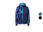 Kinder-Softshelljacke im blau-violetten Camouflage-Print mit Kapuze und Reißverschluss