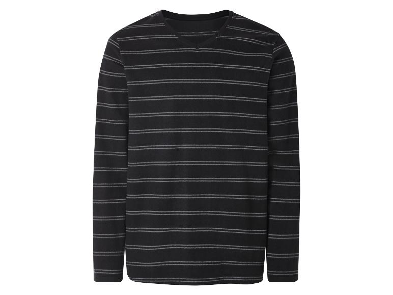Schwarzes Langarmshirt mit V-Ausschnitt und horizontalen grauen Streifen.