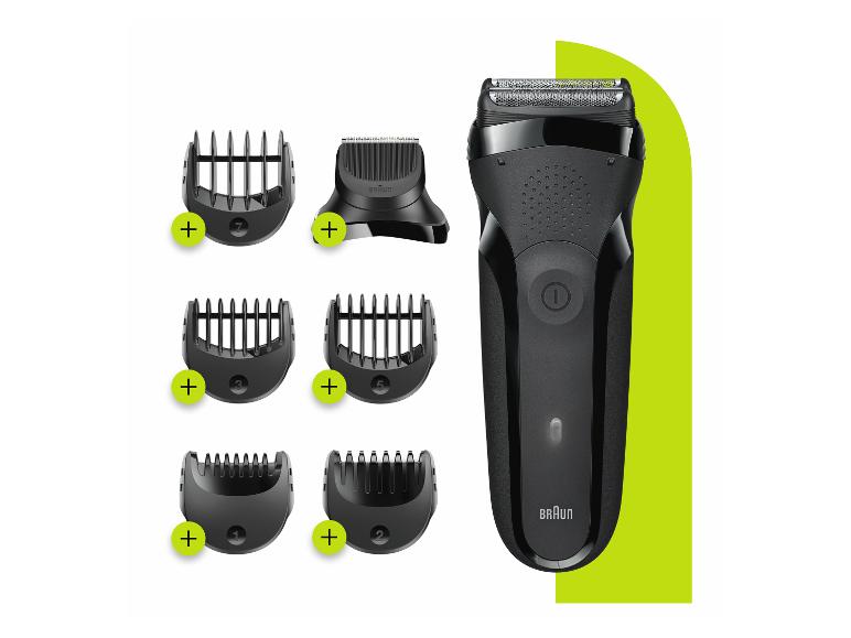 Elektrorasierer mit mehreren Kammaufsätzen für verschiedene Schnittlängen.