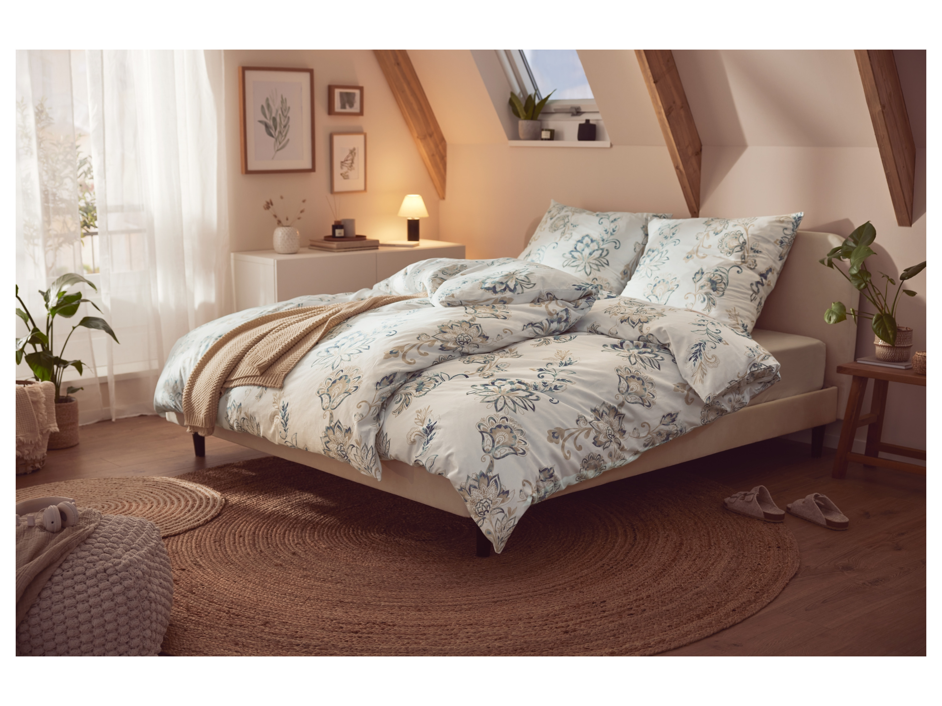 Thumbnail - LIVARNO home Bettwäsche Satin, 135 x 200 cm (Ornament/blau/weiß/beige)