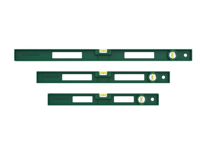 Drei Parkside Wasserwaagen in verschiedenen Größen.