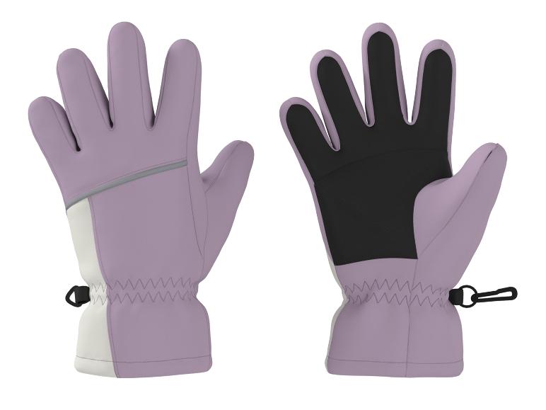 Lila und weiße Skihandschuhe mit schwarzen und grauen Details, Vorder- und Rückseite gezeigt.