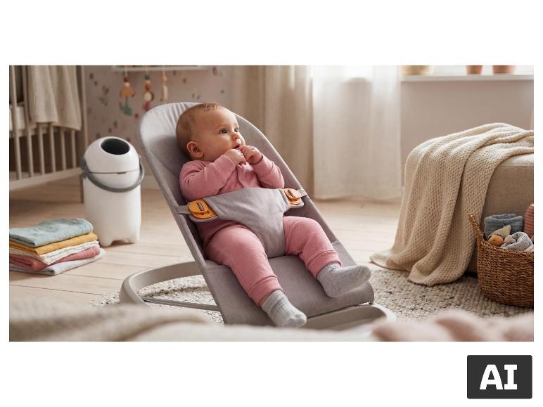 Baby in einer Babywippe im Kinderzimmer neben dem LUPILU® Windeleimer. [KI-generiertes Bild]