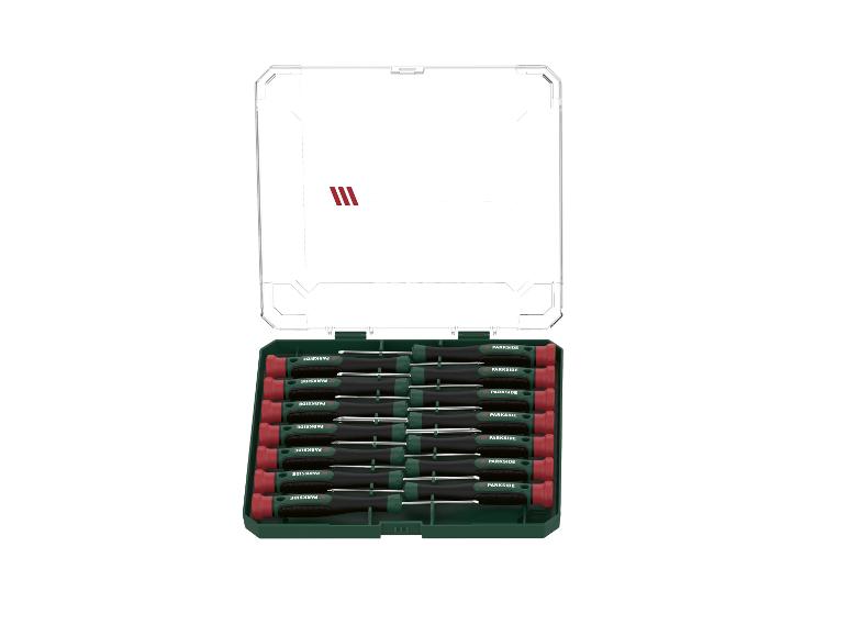 Präzisionsschraubendreher-Set in einer grünen Box mit transparentem Deckel.