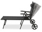 Ein schwarzes Liegestuhl und ein Stuhl mit Rädern, beide verstellbar.