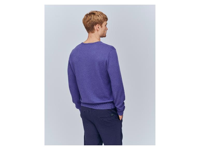 Herren-Pullover in Lila und dunkelblaue Hose, Rückansicht