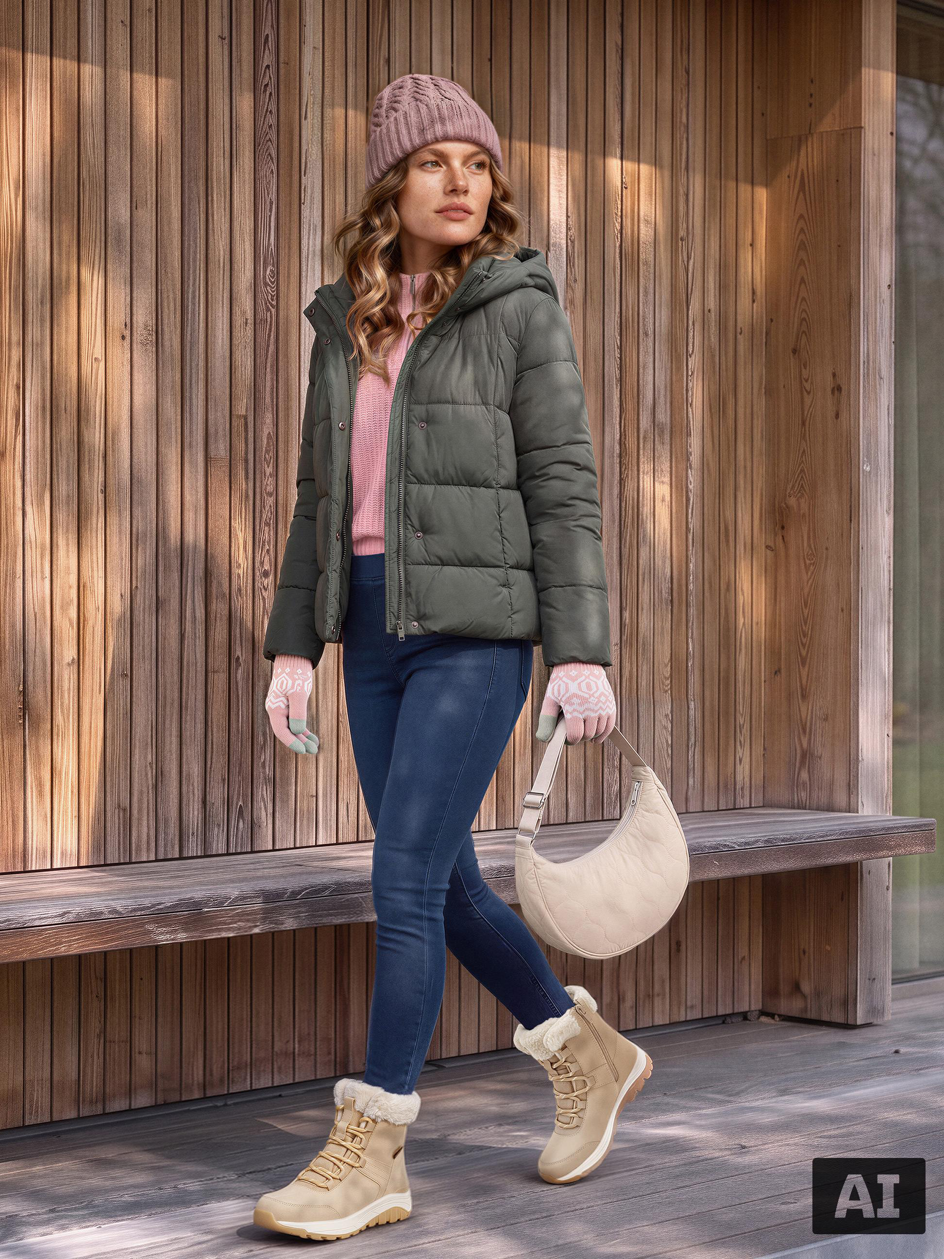 Frau in Winterkleidung mit Jacke, Jeans, Stiefeln, Mütze und Tasche vor einer Holzwand.