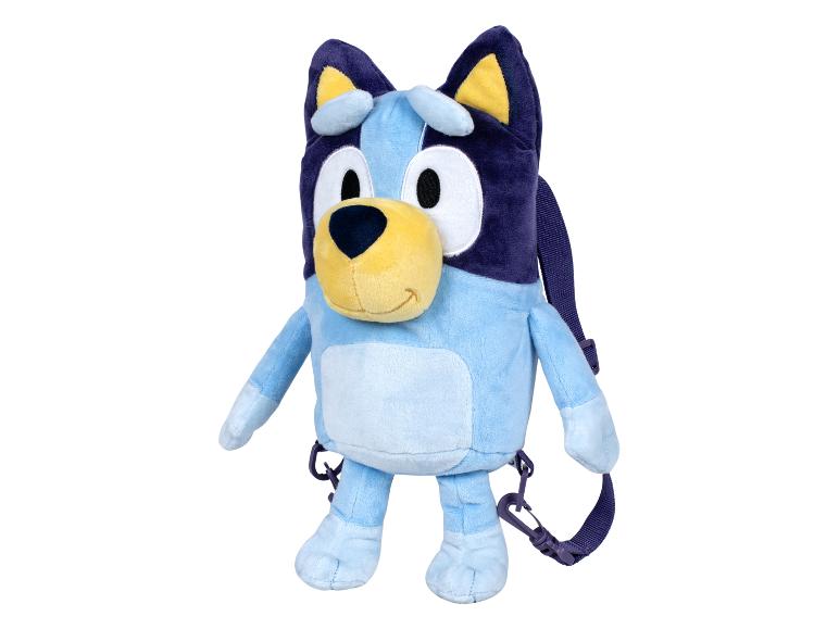 Plüschrucksack in Form eines blauen Hundes mit dunkelblauen Ohren und gelber Schnauze.