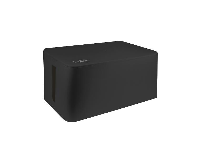 Schwarze Kabelmanagementbox mit Öffnungen an den Seiten und oben.