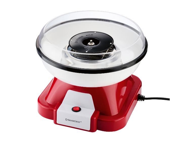 SilverCrest rot-weiße Zuckerwattemaschine mit einer transparenten Kunststoffschale