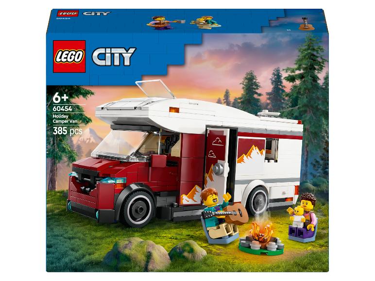 LEGO City Box mit rotem und weißem Wohnmobil, Familie und Lagerfeuer.