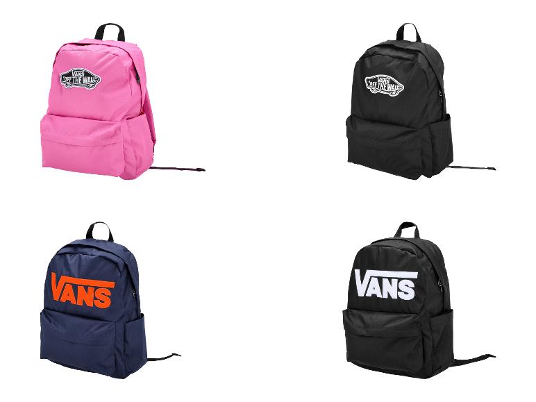 Vier Rucksäcke in verschiedenen Farben: Pink, Schwarz, Marineblau mit orangefarbenem Logo und Schwarz mit weißem Logo.