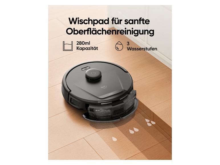 Saugroboter mit Wischfunktion und 280 ml Wassertank, der den Boden reinigt.
