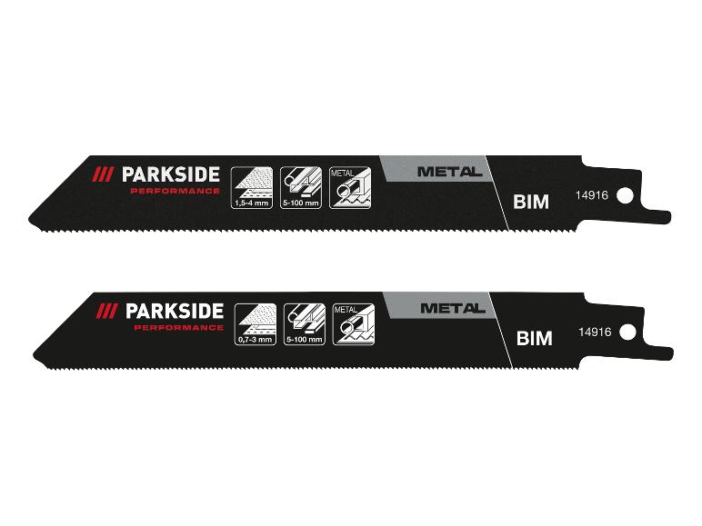 Zwei schwarze Säbelsägeblätter zum Metallschneiden, mit unterschiedlichen Dickenbereichen