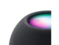 Ein grauer Apple HomePod mini mit einem bunten Lichtbalken.