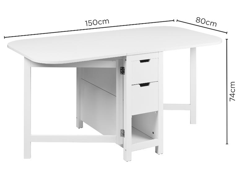 Weißer Klapp-Esstisch mit Schubladen, 150x80x74cm.