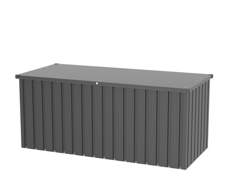 Eine graue Metall-Aufbewahrungsbox mit Flachdach.