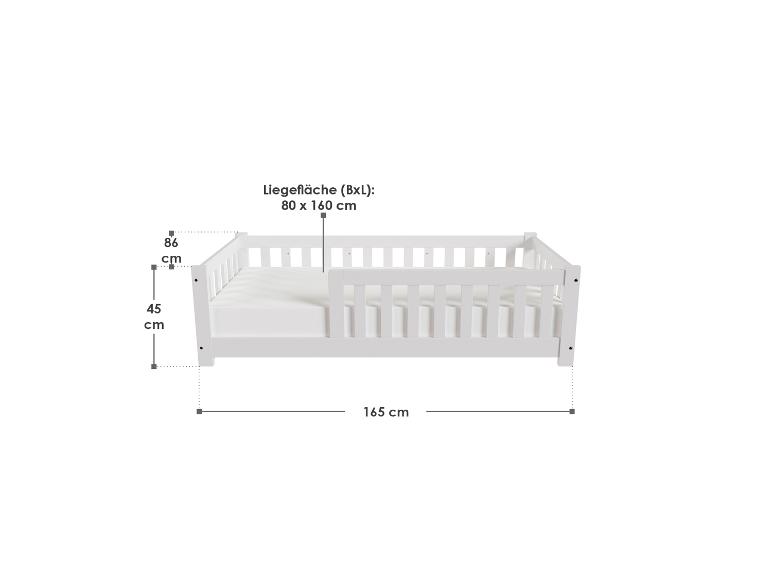 Weißes Kinderbett mit den Maßen 165 cm (Länge), 86 cm (Höhe) und einer Liegefläche von 80 x 160 cm.