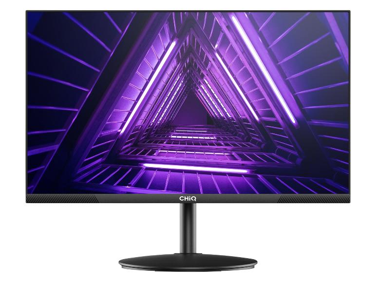 Schwarzer Computermonitor mit einem abstrakten Bild von violetten Lichtern auf dem Bildschirm.