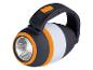 Schwarz-orange Campinglaterne mit Taschenlampe an einem Ende und einem weißen Lichtstreifen.