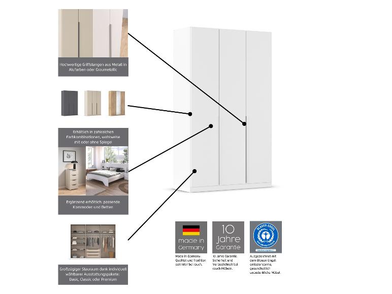 Weißer Kleiderschrank mit Metallgriffen, erhältlich in verschiedenen Farben und mit optionalem Spiegel, passenden Schlafzimmermöbeln und anpassbarem Interieur.