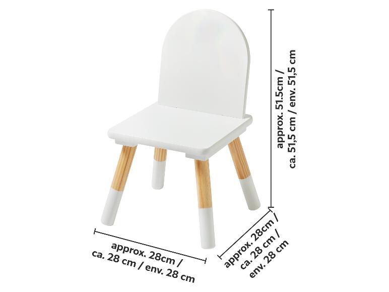 Weißer Kinderstuhl mit Holzbeinen, ca. 51,5 cm (Höhe) x 28 cm (Breite) x 28 cm (Tiefe).