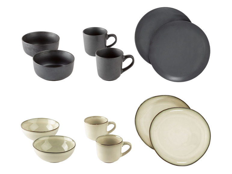 Schwarze und cremefarbene Schalen, Becher und Teller.