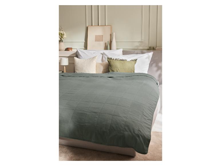 Gesteppte LIVARNO home Tagesdecke in Salbeigrün auf einem Doppelbett.