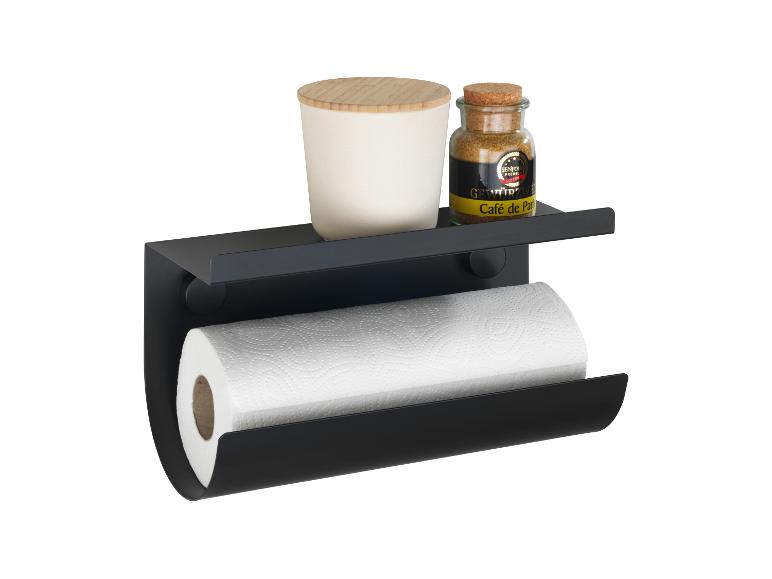 Schwarzer Papierrollenhalter mit Ablage, Gewürz und Behälter.