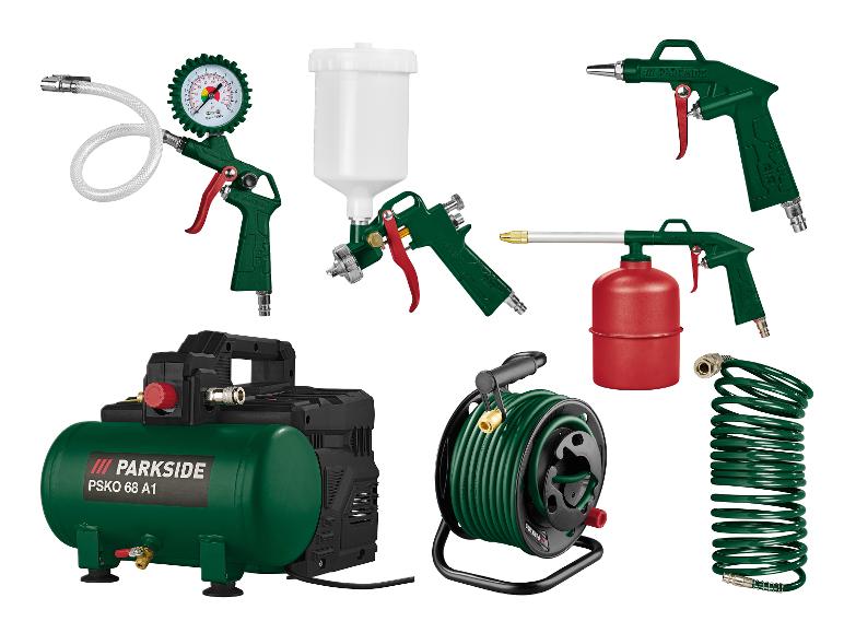 PARKSIDE PSKO 68 A1 Luftkompressor-Set mit verschiedenen Druckluftwerkzeugen und Schläuchen.