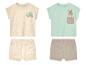 Zwei Baby-Sets: T-Shirt und Shorts, Surf- und Känguru-Motive.