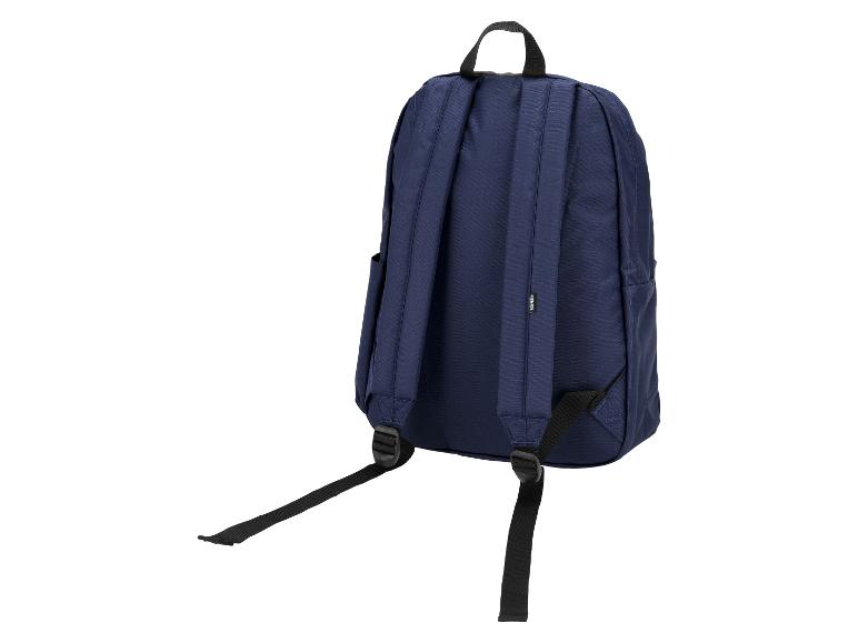 Blauer Rucksack mit verstellbaren Trägern und Tragegriff, Rückansicht.