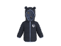 Dunkelblaue Kinderjacke mit Ohrenkapuze, buntem Futter und einer Zeichentrickfigur auf der Brust.