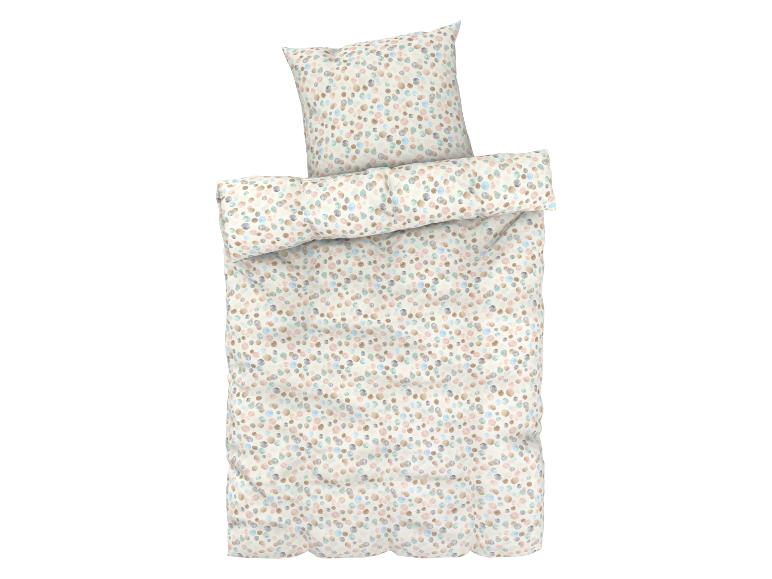 Bettwäsche mit Bettbezug und Kissenbezügen, pastellfarbenes Punkte-Muster.