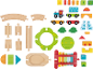 Holzspielzeug-Set mit Eisenbahnschienen, Zug, Bausteinen und Xylophon.