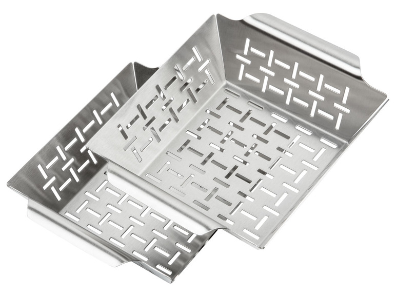 Ein Grillkorb aus Stahl zum Grillen von Gemüse oder anderen kleinen Speisen.