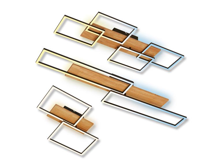 Drei moderne Leuchten mit schwarzen Rahmen und LED-Lichtern, mit Holz-Akzenten.