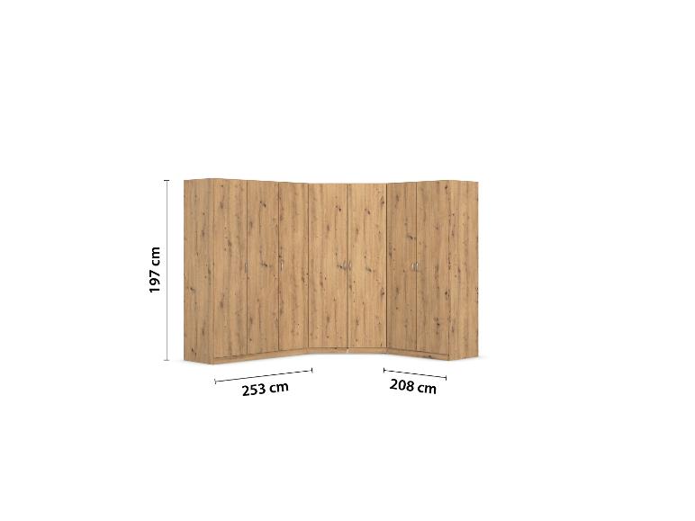Eckkleiderschrank aus Holz mit Türen, 197 cm hoch, 253 cm breit und 208 cm tief.