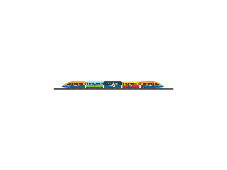 Bunter Spielzeugzug mit Tier- und Schlafmotiven auf den Waggons.