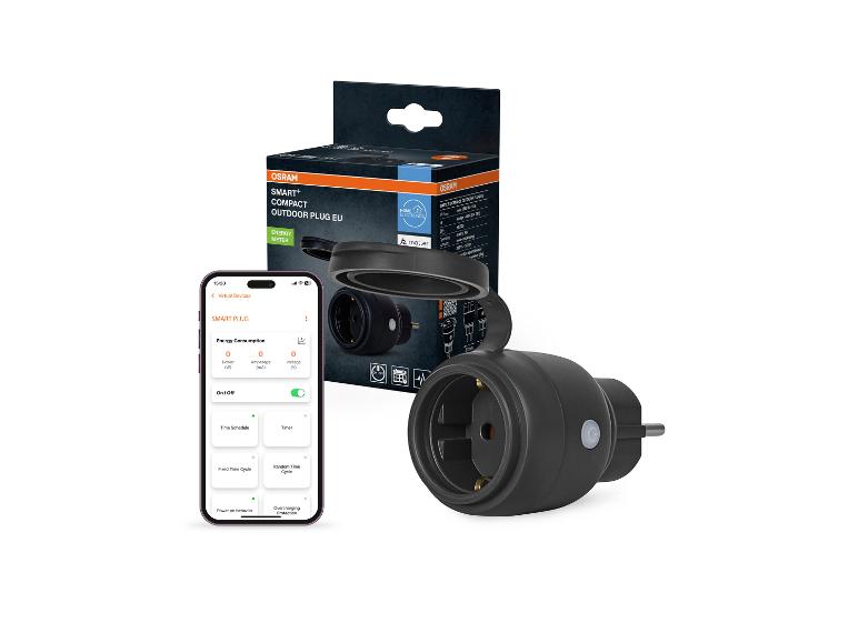 Schwarzer smarter Außenstecker mit App-Oberfläche zur Energieverbrauchsanzeige und Steuerung.
