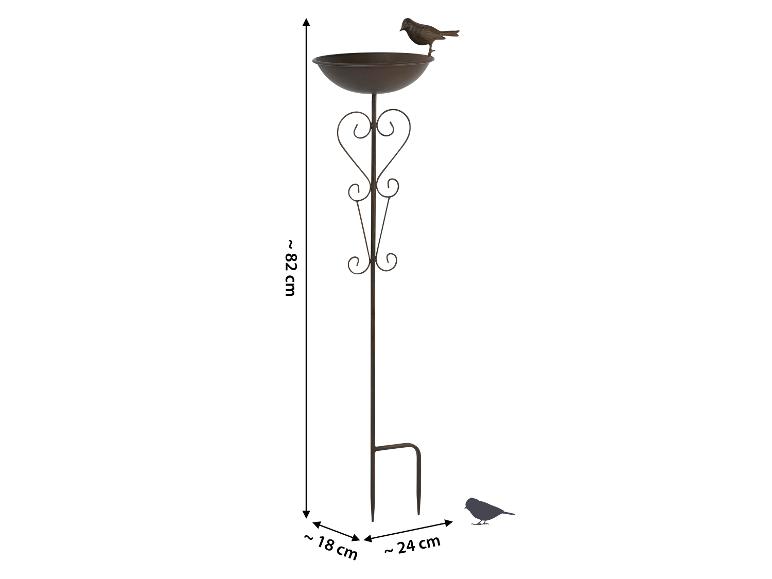 Dekoratives Vogelbad oder Tränke mit Vogelfigur und Maßen von 82 cm Höhe, 18 cm und 24 cm Breite.
