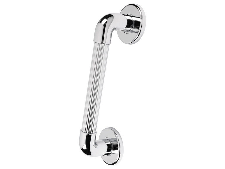 Ein verchromter Türgriff mit einem gerippten Design.