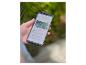 Hand hält Smartphone mit Smart-Home-App zur Steuerung einer Gartenkamera.