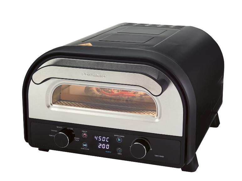 Schwarzer Pizzaofen mit Digitalanzeige 450C und 2:00, backt eine Pizza darin.