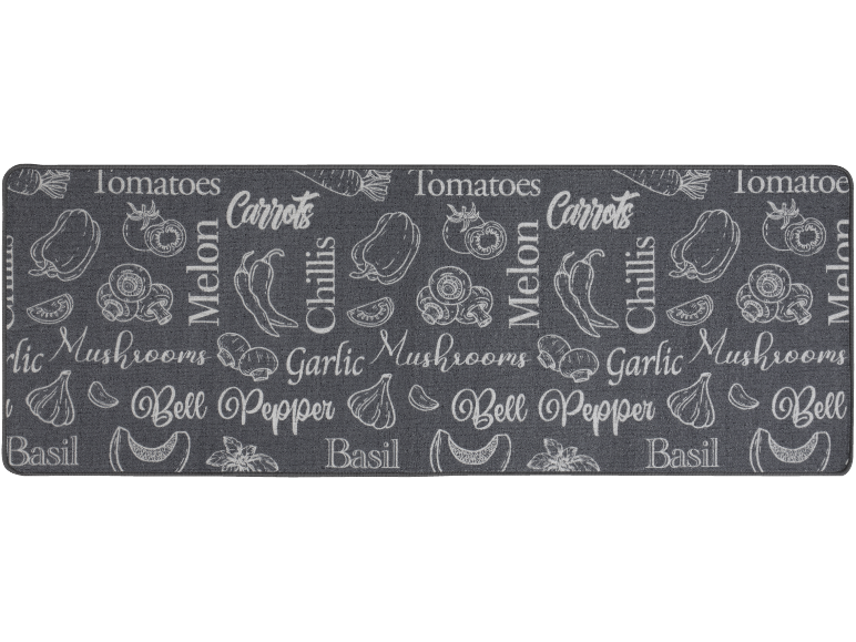 Graue Küchenmatte mit weißen Illustrationen und Text von Gemüse wie Tomaten, Karotten, Pilzen und Paprika.