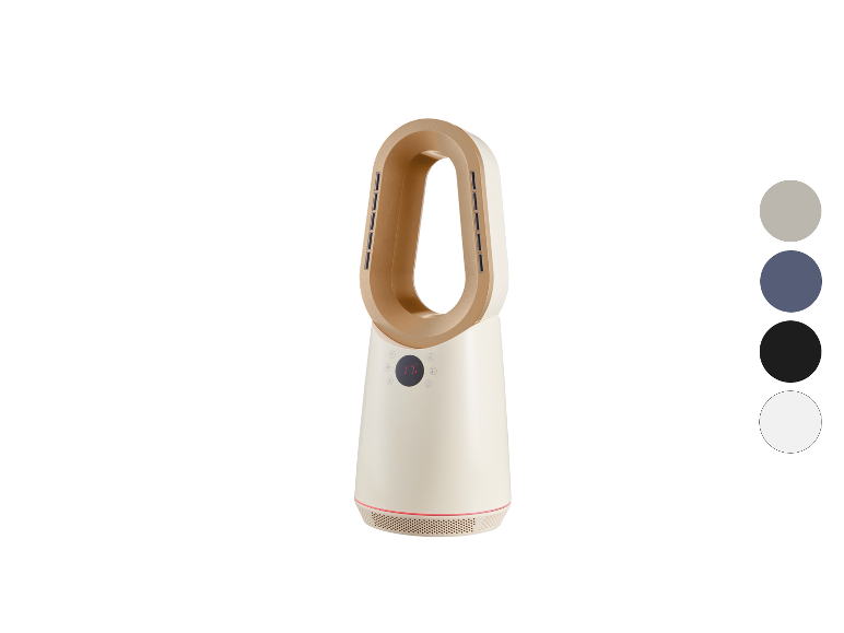 Cremefarbener und goldener Turmventilator mit Digitalanzeige und Farboptionen.