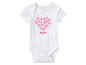 Ein weißer Babybody mit rosa Blumen in Herzform und dem Schriftzug 'Bonjour'.