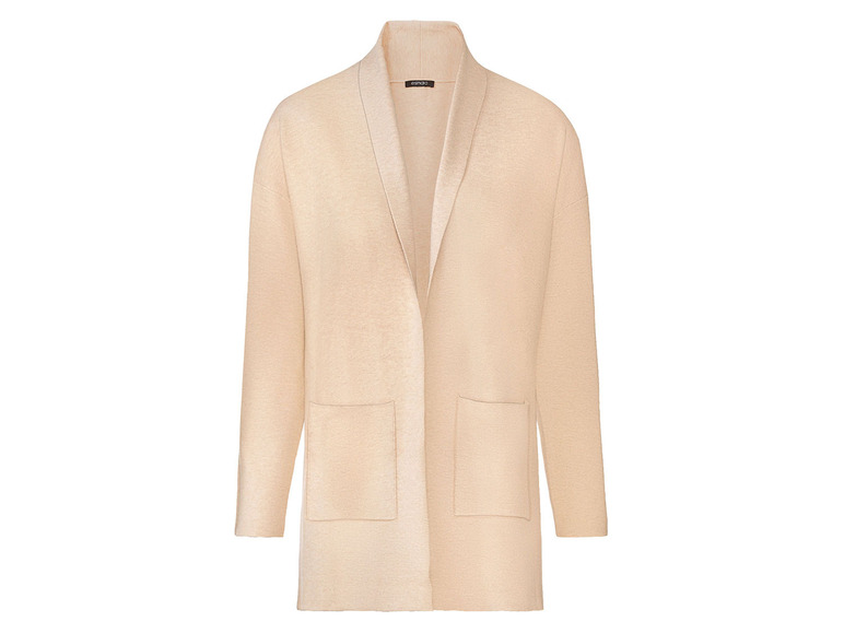 Beige Strickjacke mit langen Ärmeln und Taschen.