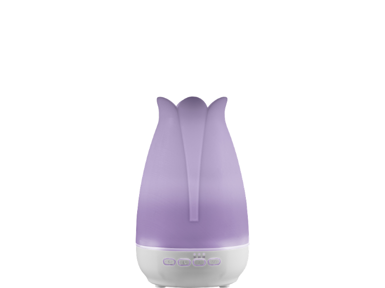 Lila tulpenförmiger Aroma-Diffusor mit Bedientasten für Licht und Nebel.